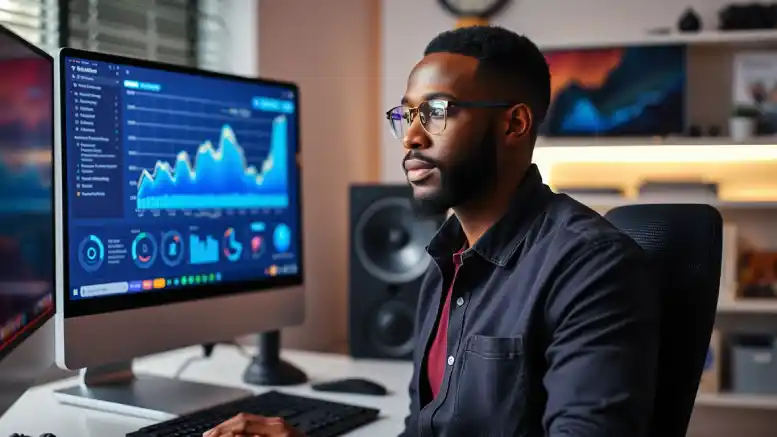 A digital marketer in ethiopia sitting in the studio. watching analytics data graph.